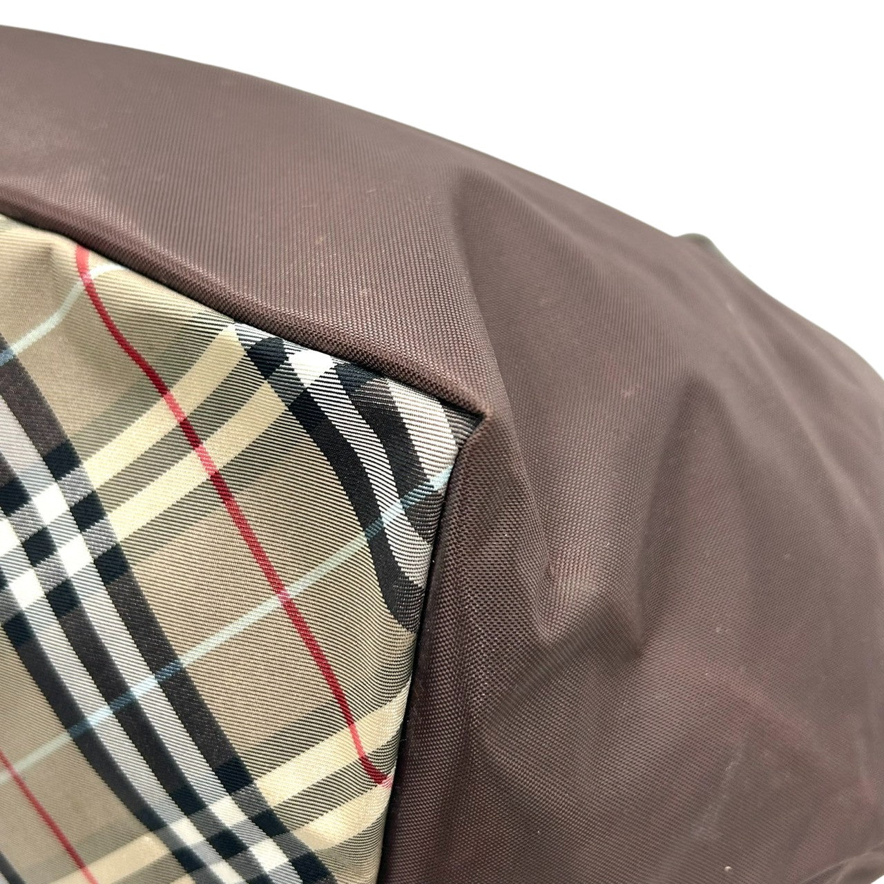 【美品】バーバリー ブルーレーベル BURBERRY トートバッグ ハンドバッグ ナイロン レザー ダークブラウン こげ茶 底チェック ノバチェック 舟型 軽量 大容量 マチ広 ランチバッグ カジュアル レディース 鞄 カバン s11