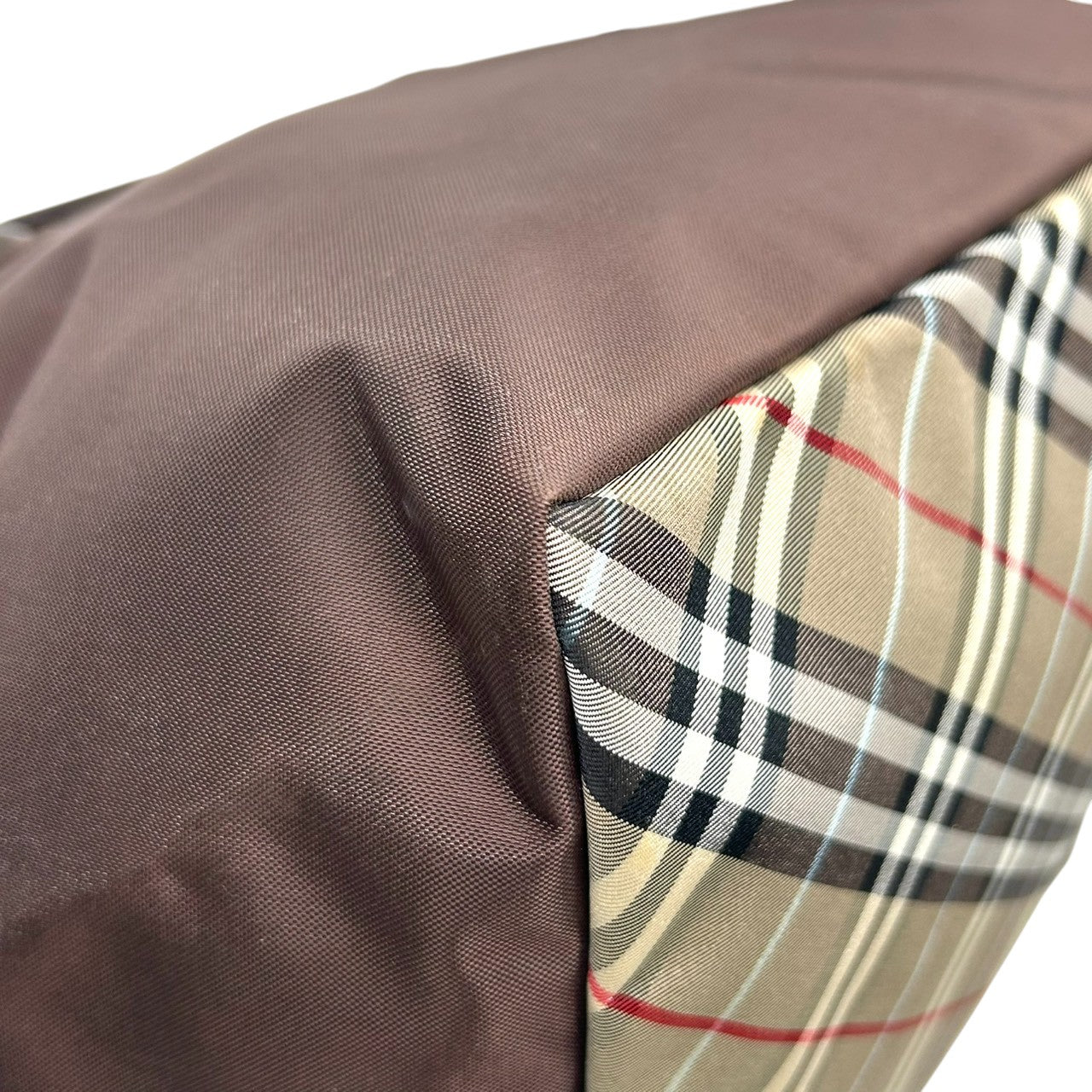 【美品】バーバリー ブルーレーベル BURBERRY トートバッグ ハンドバッグ ナイロン レザー ダークブラウン こげ茶 底チェック ノバチェック 舟型 軽量 大容量 マチ広 ランチバッグ カジュアル レディース 鞄 カバン s11