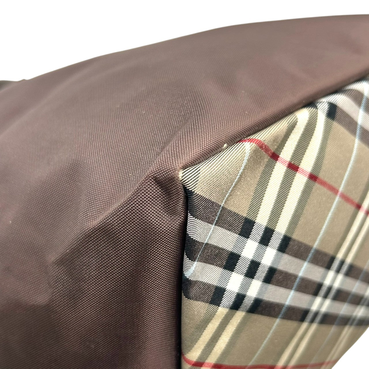 【美品】バーバリー ブルーレーベル BURBERRY トートバッグ ハンドバッグ ナイロン レザー ダークブラウン こげ茶 底チェック ノバチェック 舟型 軽量 大容量 マチ広 ランチバッグ カジュアル レディース 鞄 カバン s11