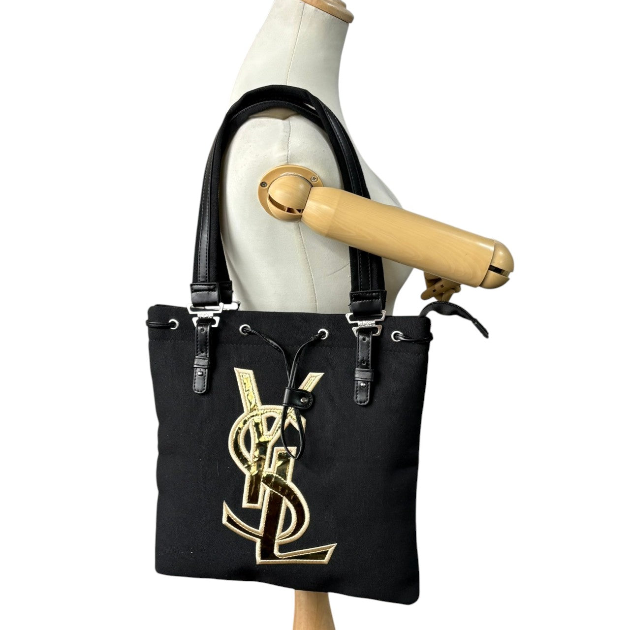 美品 イヴ・サンローラン Yves Saint Laurent YSL トートバッグ ハンドバッグ ワンショルダーバッグ 肩掛け キャンバス レザー ブラック 黒 ゴールド金具 ビッグロゴ デカロゴ クラシック エレガント ヴィンテージ ビンテージ s5