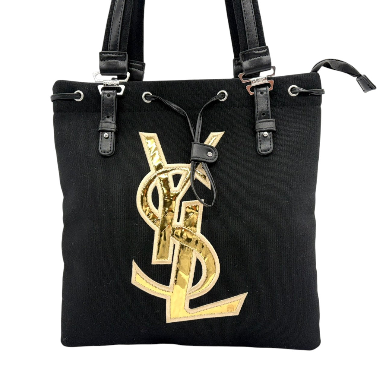 美品 イヴ・サンローラン Yves Saint Laurent YSL トートバッグ ハンドバッグ ワンショルダーバッグ 肩掛け キャンバス レザー ブラック 黒 ゴールド金具 ビッグロゴ デカロゴ クラシック エレガント ヴィンテージ ビンテージ s5