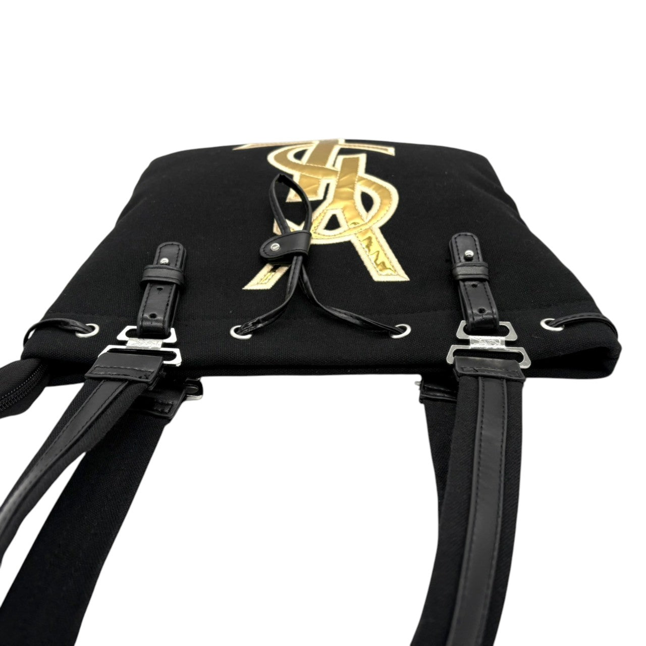 美品 イヴ・サンローラン Yves Saint Laurent YSL トートバッグ ハンドバッグ ワンショルダーバッグ 肩掛け キャンバス レザー ブラック 黒 ゴールド金具 ビッグロゴ デカロゴ クラシック エレガント ヴィンテージ ビンテージ s5