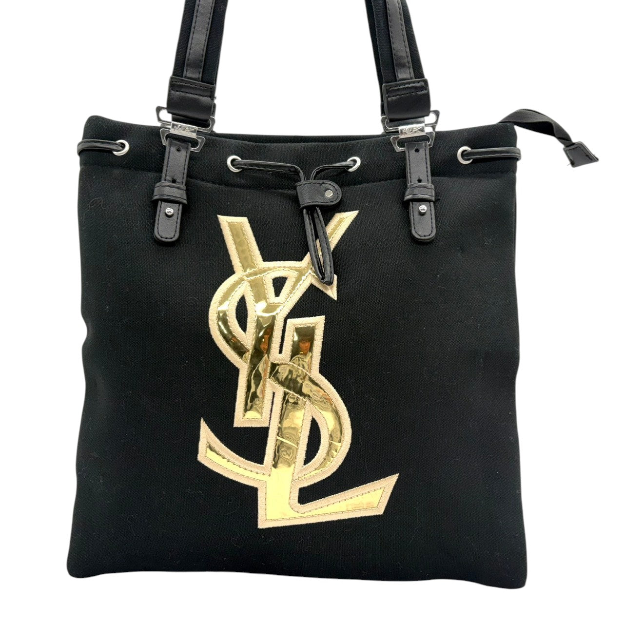 イヴサンローラン Yves Saint Laurent YSL トートバッグ ハンドバッグ 肩掛け ワンショルダー キャンバス レザー ブラック 黒 ゴールド金具 ビッグロゴ デカロゴ クラシック エレガント ヴィンテージ ビンテージ s22