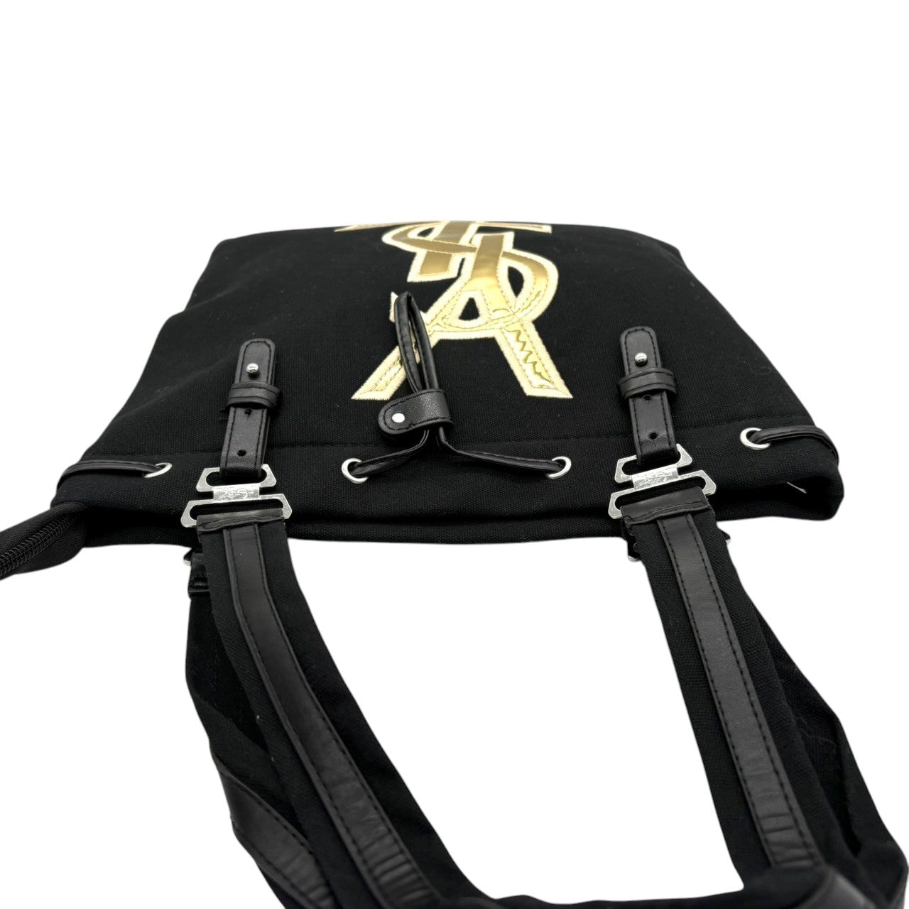 イヴサンローラン Yves Saint Laurent YSL トートバッグ ハンドバッグ 肩掛け ワンショルダー キャンバス レザー ブラック 黒 ゴールド金具 ビッグロゴ デカロゴ クラシック エレガント ヴィンテージ ビンテージ s22