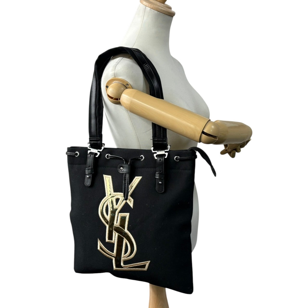 美品 イヴ・サンローラン Yves Saint Laurent YSL トートバッグ ハンドバッグ 肩掛け ワンショルダー キャンバス レザー ブラック 黒 ゴールド金具 ビッグロゴ デカロゴ クラシック エレガント ヴィンテージ ビンテージ 希少 s15