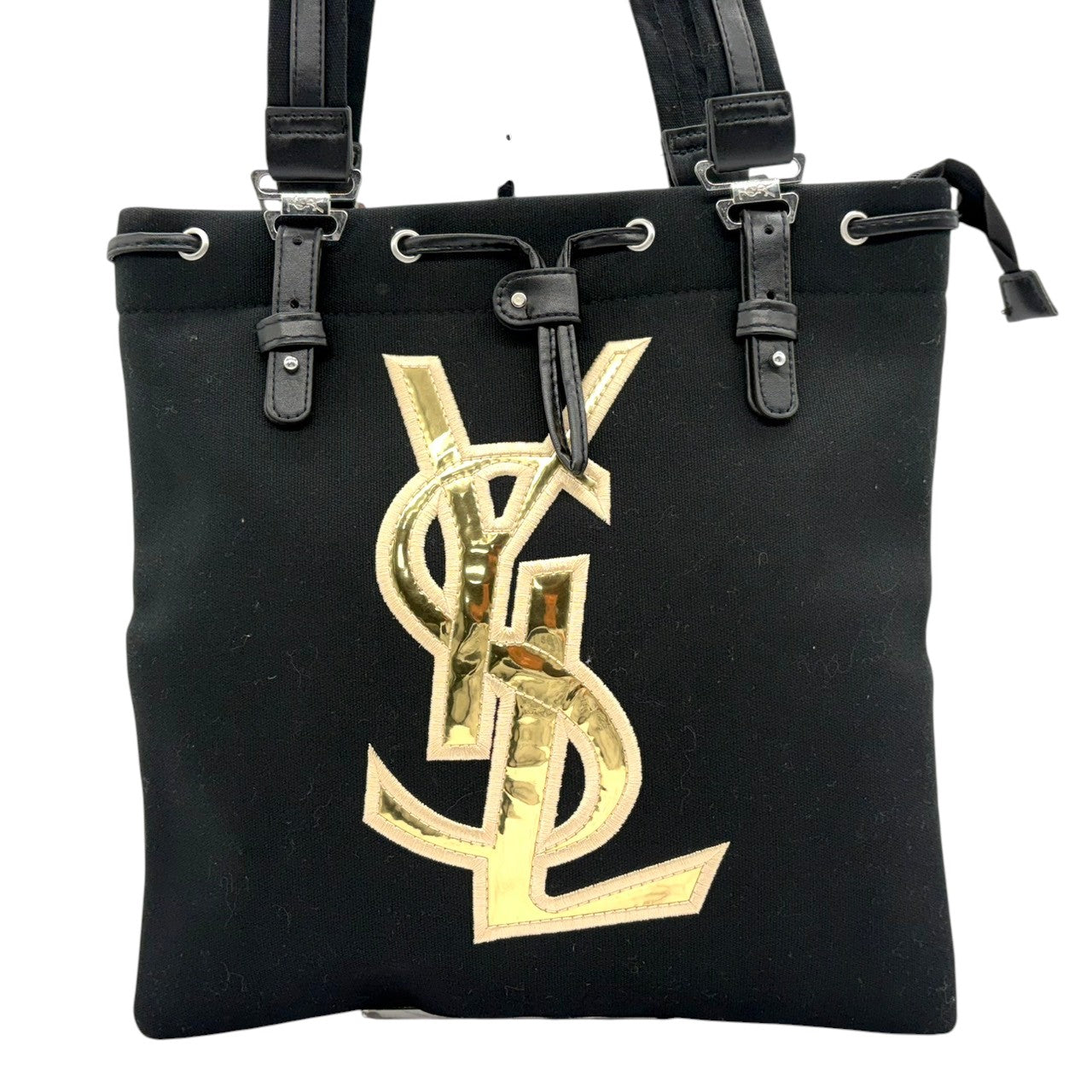 美品 イヴ・サンローラン Yves Saint Laurent YSL トートバッグ ハンドバッグ 肩掛け ワンショルダー キャンバス レザー ブラック 黒 ゴールド金具 ビッグロゴ デカロゴ クラシック エレガント ヴィンテージ ビンテージ 希少 s15