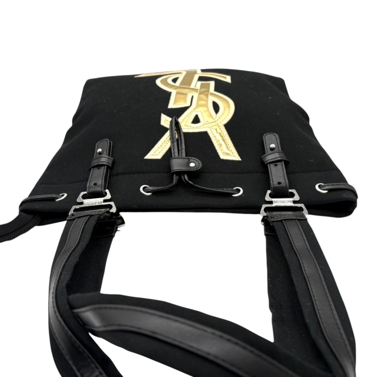 美品 イヴ・サンローラン Yves Saint Laurent YSL トートバッグ ハンドバッグ 肩掛け ワンショルダー キャンバス レザー ブラック 黒 ゴールド金具 ビッグロゴ デカロゴ クラシック エレガント ヴィンテージ ビンテージ 希少 s15