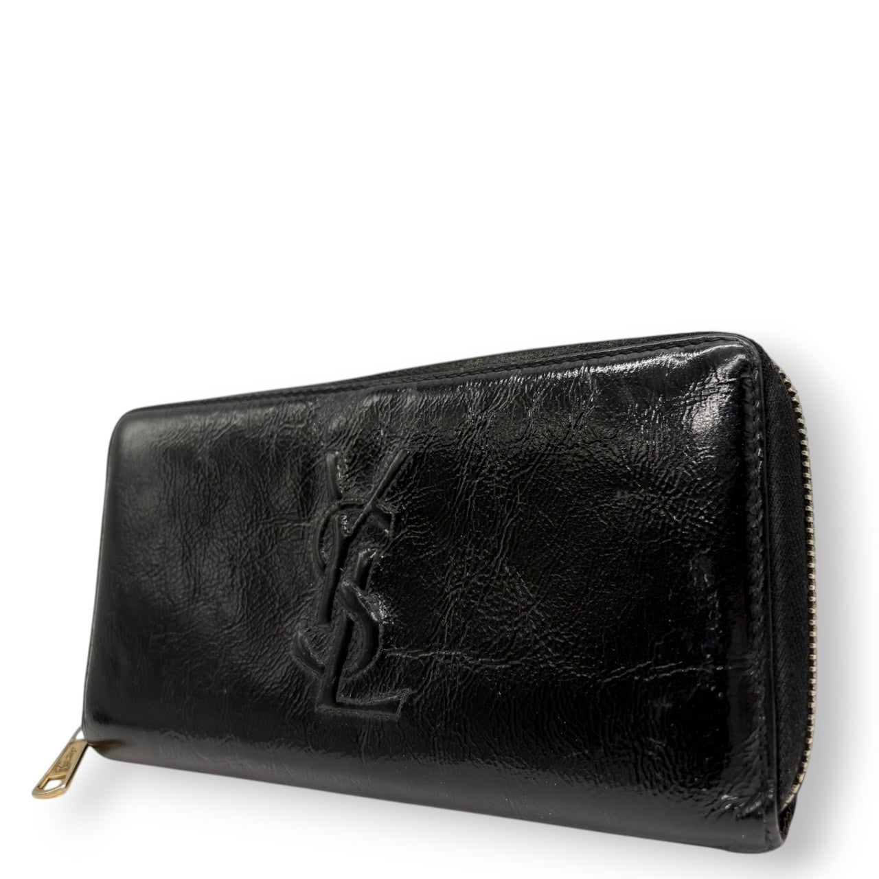 イヴサンローラン Yves Saint Laurent YSL 長財布 ラウンドジップ パテントレザー エナメル ブラック 黒 ゴールド金具 ビッグロゴ デカロゴ クラシック エレガント ヴィンテージ 希少 レア ウォレット レディース お出かけ w2