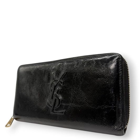 イヴサンローラン Yves Saint Laurent YSL 長財布 ラウンドジップ パテントレザー エナメル ブラック 黒 ゴールド金具 ビッグロゴ デカロゴ クラシック エレガント ヴィンテージ 希少 レア ウォレット レディース お出かけ w2