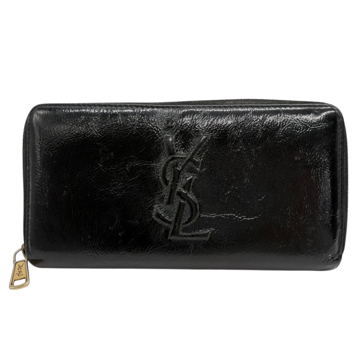 イヴサンローラン Yves Saint Laurent YSL 長財布 ラウンドジップ パテントレザー エナメル ブラック 黒 ゴールド金具 ビッグロゴ デカロゴ クラシック エレガント ヴィンテージ 希少 レア ウォレット レディース お出かけ w2
