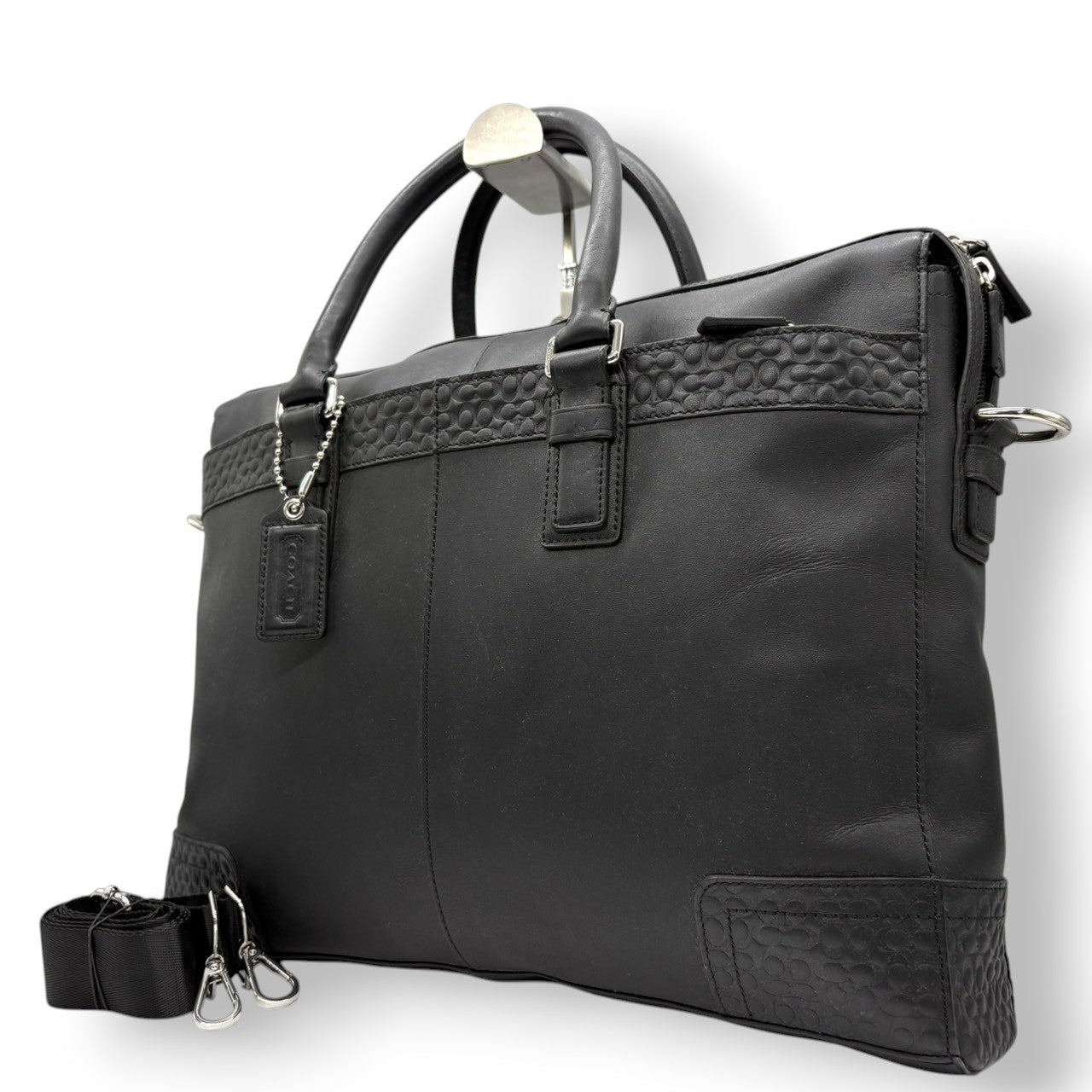 【良品】コーチ COACH ビジネスバッグ ブリーフケース 2WAY ブラック 黒 本革 レザー シグネチャー型押し A4収納可 PC収納可 肩掛け 斜め掛け可 自立可 通勤 通学 出張 大容量 メンズ レディース ユニセックス 鞄 カバン s72