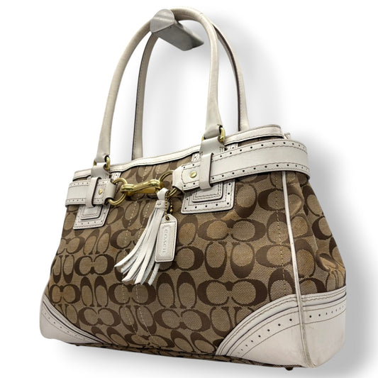 コーチ COACH ハンドバッグ トートバッグ シグネチャー キャンバス レザー 本革 ベージュ ホワイト 白 ゴールド金具 ワンショルダー 自立可 タッセル クラシック エレガント ヴィンテージ ビンテージ 鞄 カバン レディース 10508 s23