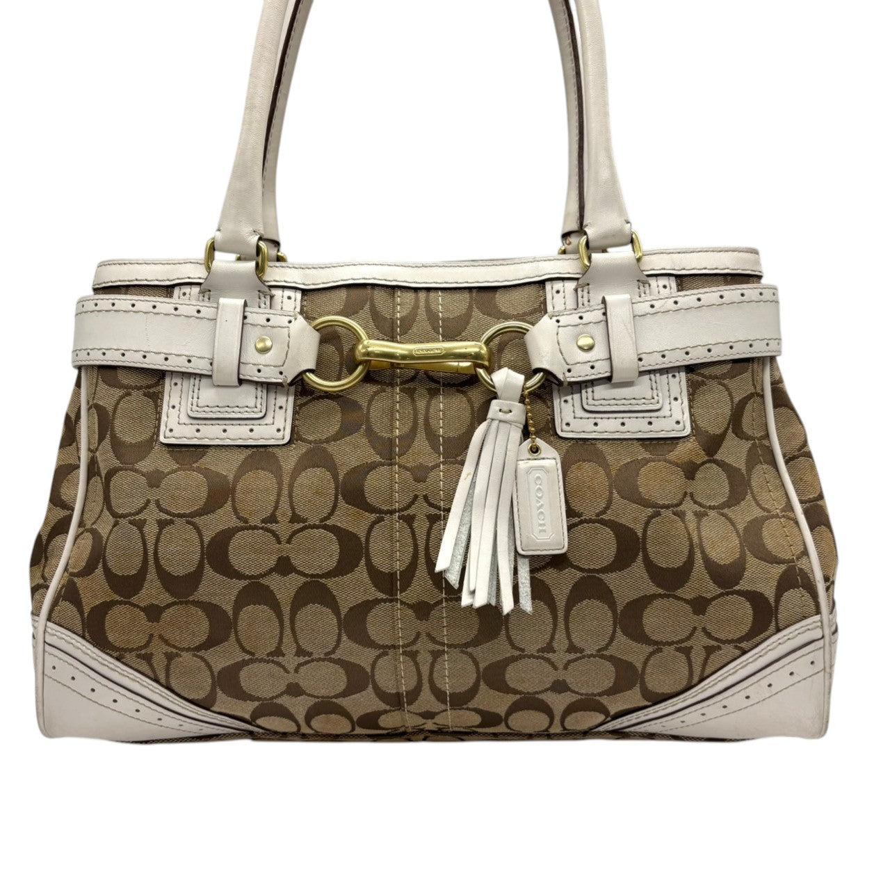 コーチ COACH ハンドバッグ トートバッグ シグネチャー キャンバス レザー 本革 ベージュ ホワイト 白 ゴールド金具 ワンショルダー 自立可 タッセル クラシック エレガント ヴィンテージ ビンテージ 鞄 カバン レディース 10508 s23