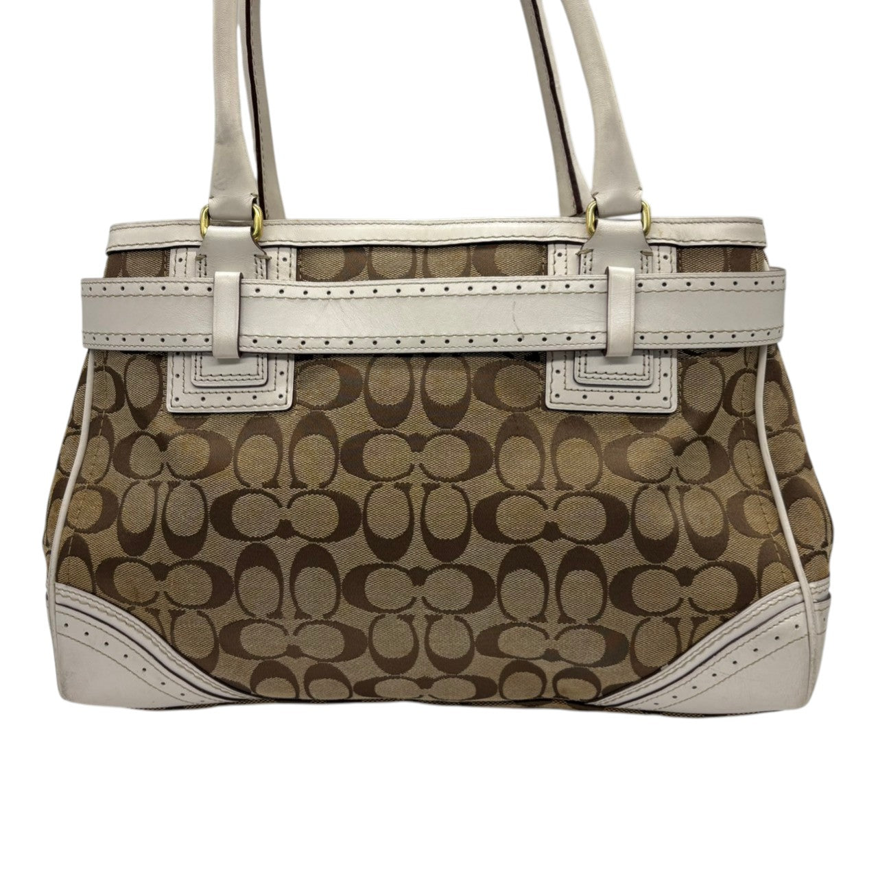 コーチ COACH ハンドバッグ トートバッグ シグネチャー キャンバス レザー 本革 ベージュ ホワイト 白 ゴールド金具 ワンショルダー 自立可 タッセル クラシック エレガント ヴィンテージ ビンテージ 鞄 カバン レディース 10508 s23