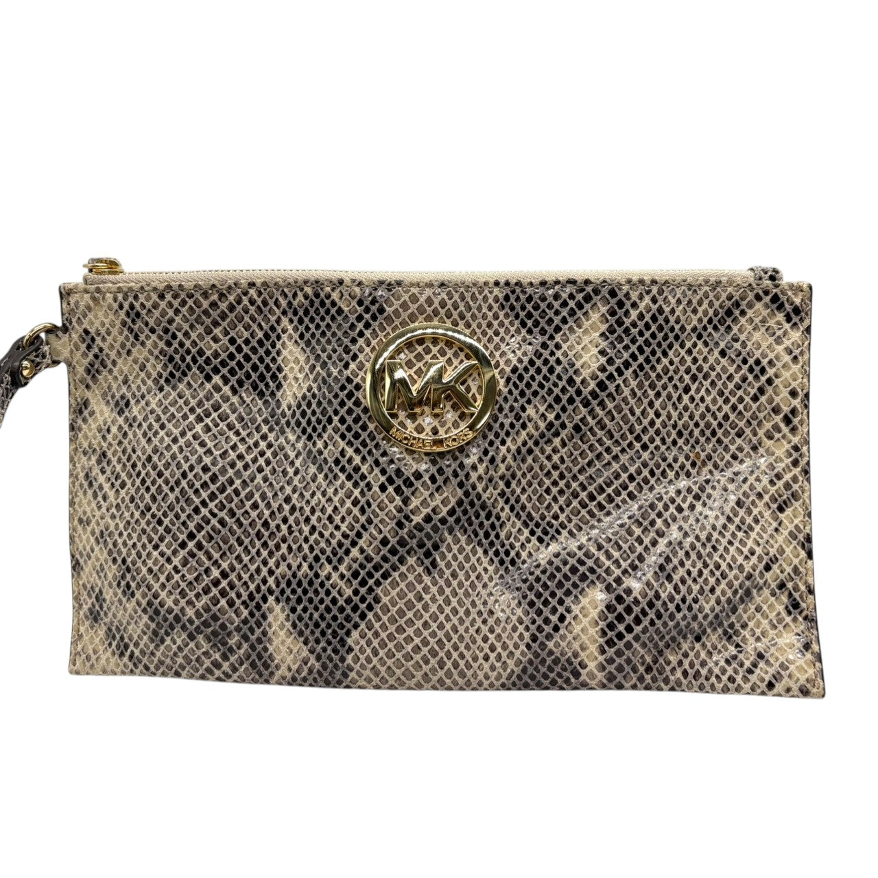 マイケルコース MICHAEL KORS ポーチ クラッチバッグ セカンドバッグ 小物入れ パイソン柄 型押し レザー 本革 ゴールド金具 ロゴプレート モノグラム ストラップ付 レディース カバン 鞄 アクセサリーポーチ コスメポーチ エレガント H4