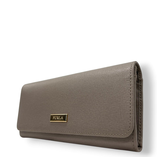 【極美品】フルラ FURLA 長財布 二つ折り フラップ サフィアーノ レザー グレー ゴールド金具 レディース メンズ ユニセックス ウォレット 財布 札入れ カードケース 大容量 シンプル エレガント クラシック 高級 華やか 状態良好 人気 w3