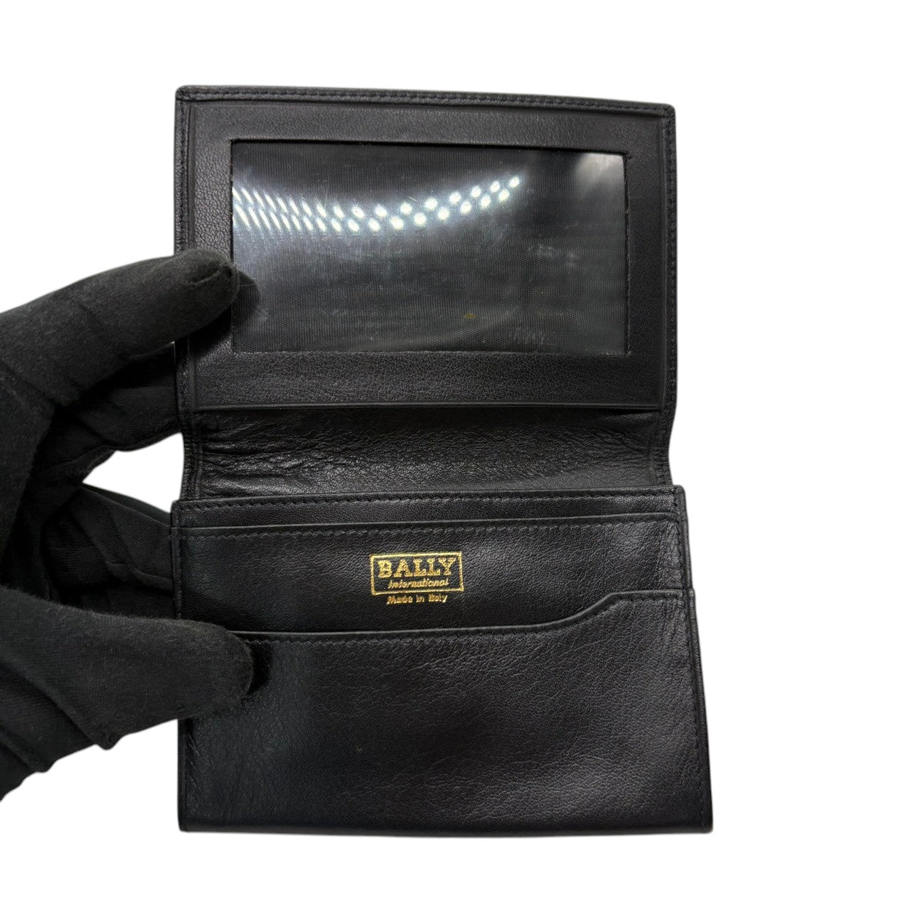 【美品】バリー BALLY カードケース 名刺入れ 定期入れ パスケース レザー 本革 ブラック 黒 ゴールド金具 二つ折り スリム 薄型 コンパクト レディース メンズ ユニセックス ビジネス 通勤 通学 シンプル エレガント クラシック 高級 w3