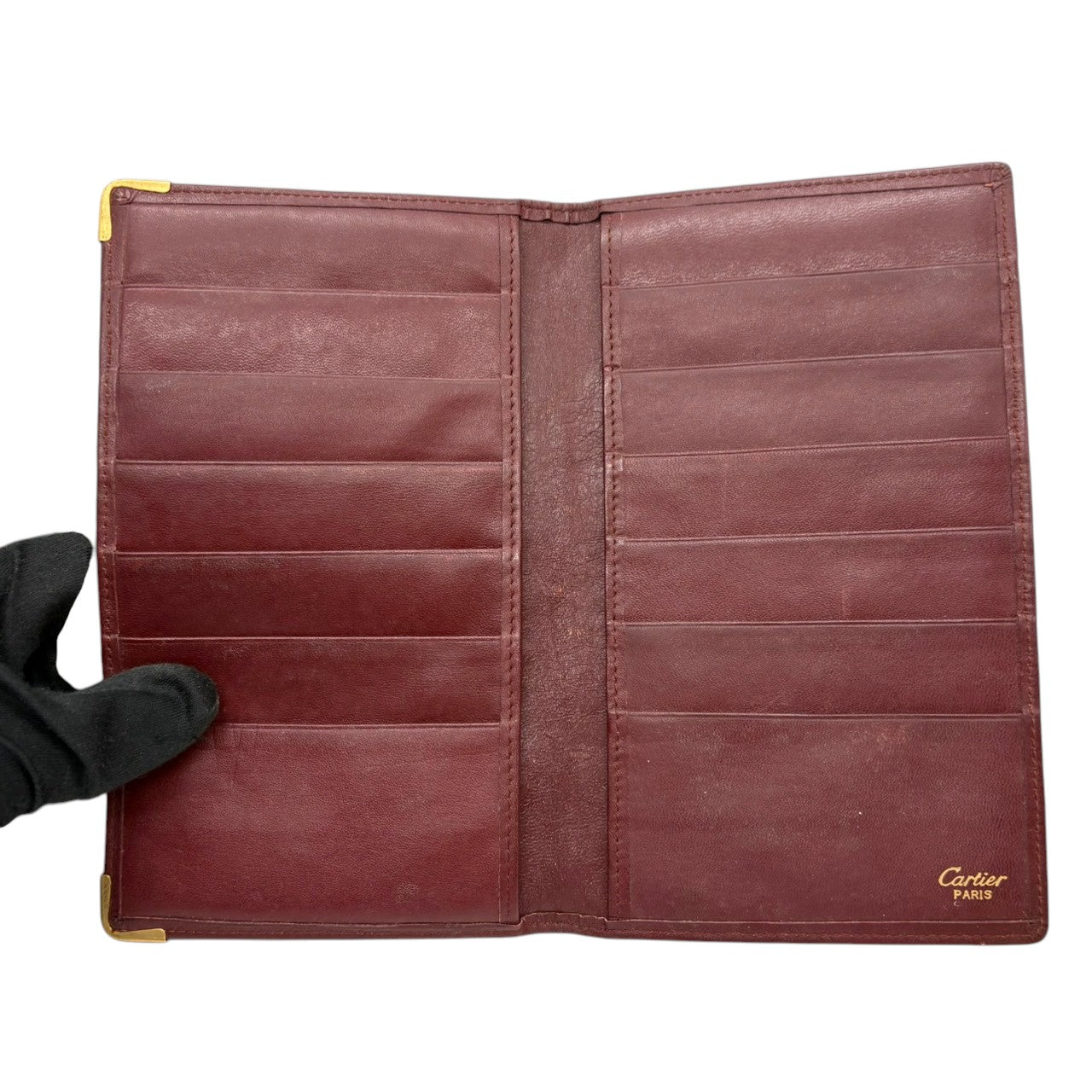 【美品／箱付】カルティエ Cartier 長財布 札入れ マストライン ボルドー レザー 本革 ゴールド金具 2Cロゴ ヴィンテージ ビンテージ クラシック エレガント スリム 薄型 レディース メンズ ユニセックス ウォレット カードケース 状態良好 w3