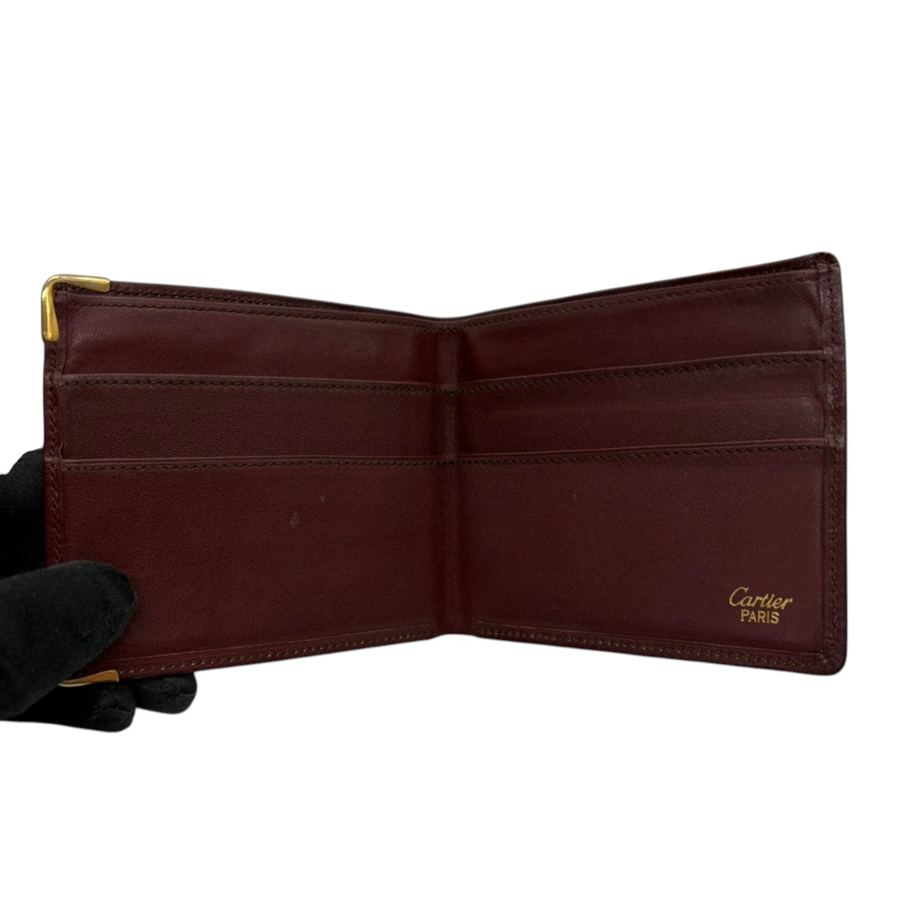極美品 カルティエ Cartier 財布 二つ折り 札入れ マストライン レザー 本革 ボルドー ワインレッド ゴールド金具 2Cロゴ ヴィンテージ ビンテージ クラシック エレガント スリム コンパクト ウォレット 箱付 状態良好 希少 レア 普段使い w3