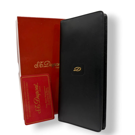 【極美品】エス・テー・デュポン S.T. Dupont 長財布 札入れ レザー 本革 ブラック 黒 ゴールド金具 Dロゴ ヴィンテージ クラシック エレガント スリム 薄型 ウォレット カードケース メンズ ギャランティカード 箱付 西ドイツ製 希少 通勤 ビジネス w3