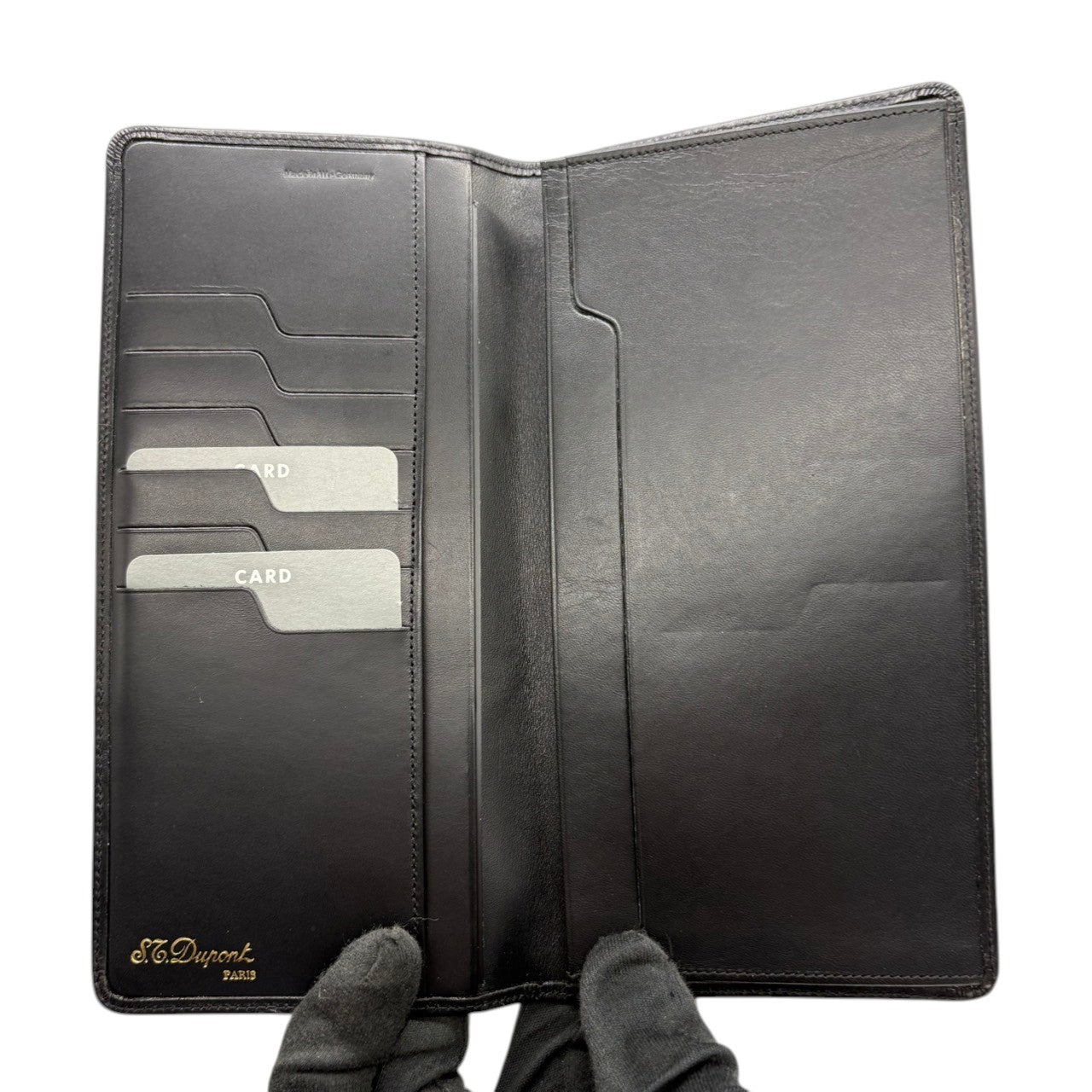 【極美品】エス・テー・デュポン S.T. Dupont 長財布 札入れ レザー 本革 ブラック 黒 ゴールド金具 Dロゴ ヴィンテージ クラシック エレガント スリム 薄型 ウォレット カードケース メンズ ギャランティカード 箱付 西ドイツ製 希少 通勤 ビジネス w3