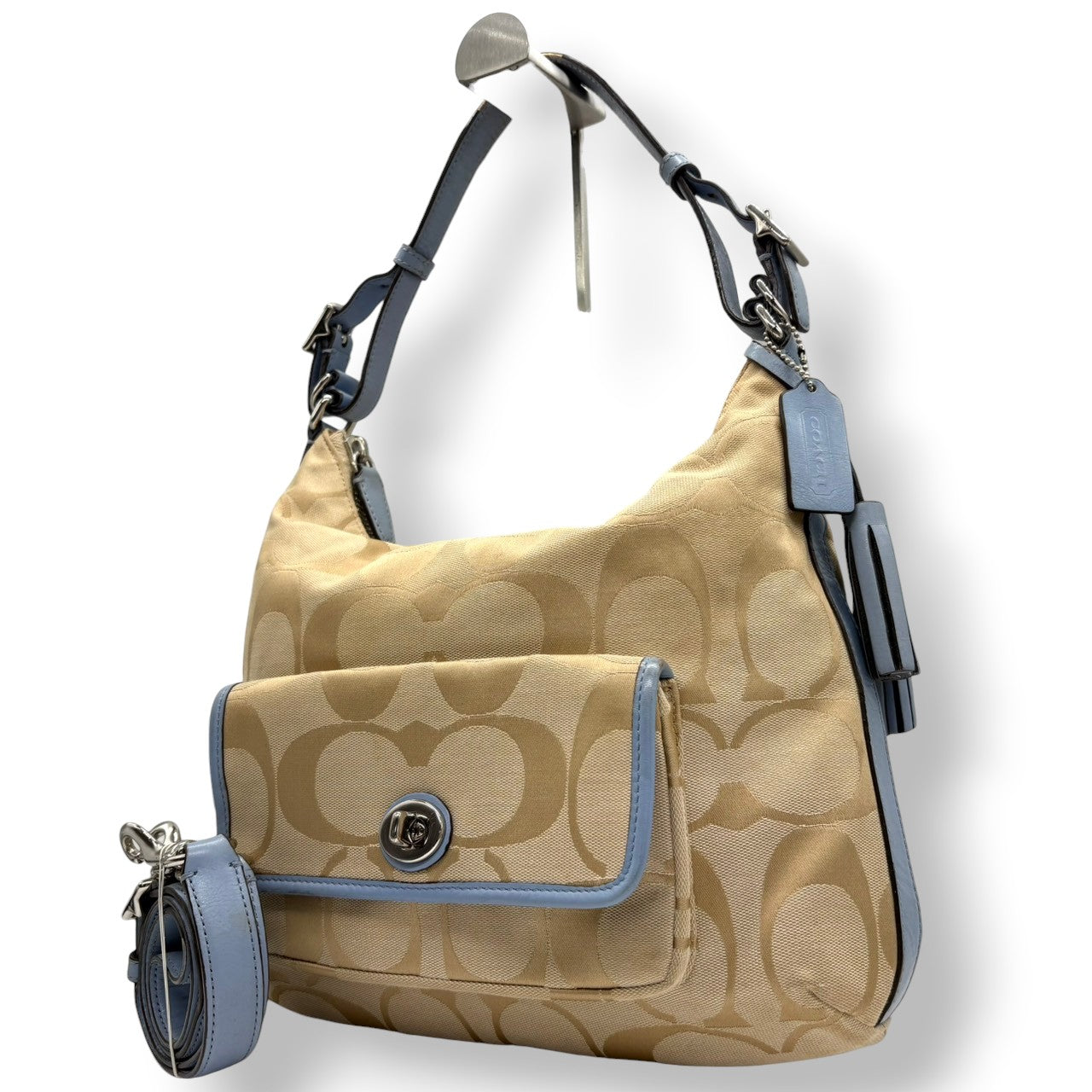 【良品】コーチ COACH ショルダーバッグ 2WAY シグネチャー キャンバス レザー 本革 ベージュ ライトブルー 水色 シルバー金具 斜め掛け可 ワンショルダー ターンロック タッセル クラシック エレガント 鞄 カバン レディース 22392 s21