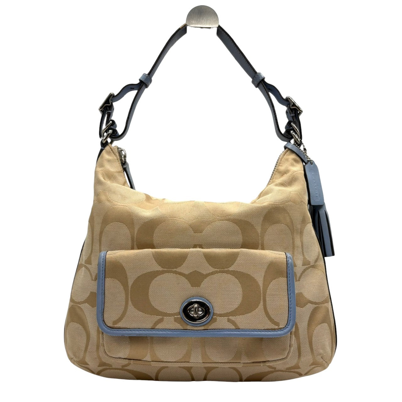 【良品】コーチ COACH ショルダーバッグ 2WAY シグネチャー キャンバス レザー 本革 ベージュ ライトブルー 水色 シルバー金具 斜め掛け可 ワンショルダー ターンロック タッセル クラシック エレガント 鞄 カバン レディース 22392 s21