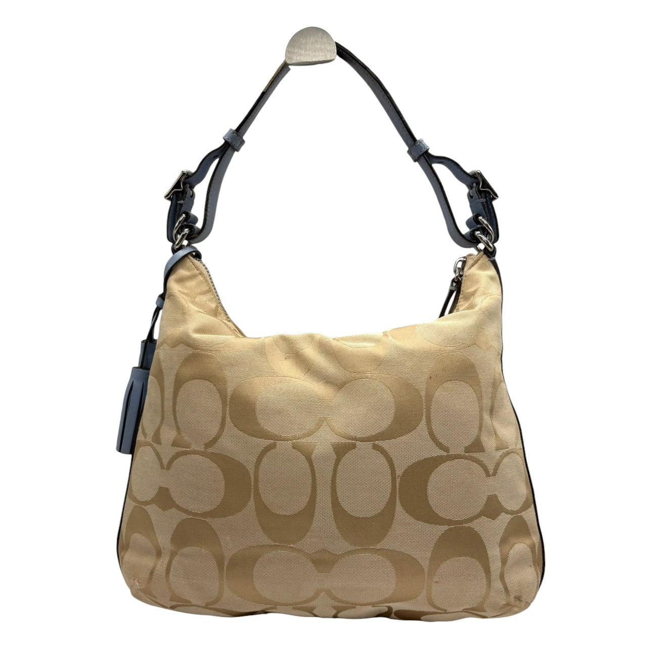 【良品】コーチ COACH ショルダーバッグ 2WAY シグネチャー キャンバス レザー 本革 ベージュ ライトブルー 水色 シルバー金具 斜め掛け可 ワンショルダー ターンロック タッセル クラシック エレガント 鞄 カバン レディース 22392 s21