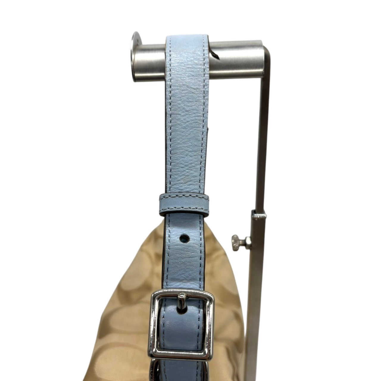 【良品】コーチ COACH ショルダーバッグ 2WAY シグネチャー キャンバス レザー 本革 ベージュ ライトブルー 水色 シルバー金具 斜め掛け可 ワンショルダー ターンロック タッセル クラシック エレガント 鞄 カバン レディース 22392 s21