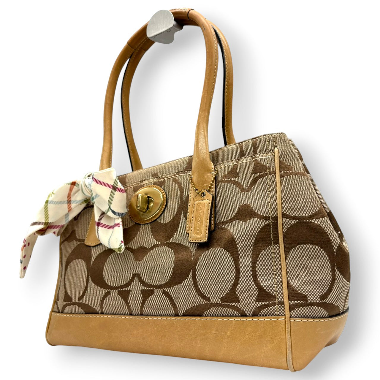 コーチ COACH ハンドバッグ トートバッグ シグネチャー キャンバス レザー 本革 ブラウン 茶色 ベージュ ゴールド金具 ワンショルダー 肩掛け 自立可 ターンロック スカーフチャーム 鞄 カバン レディース お出かけ 普段使い F12463 s20