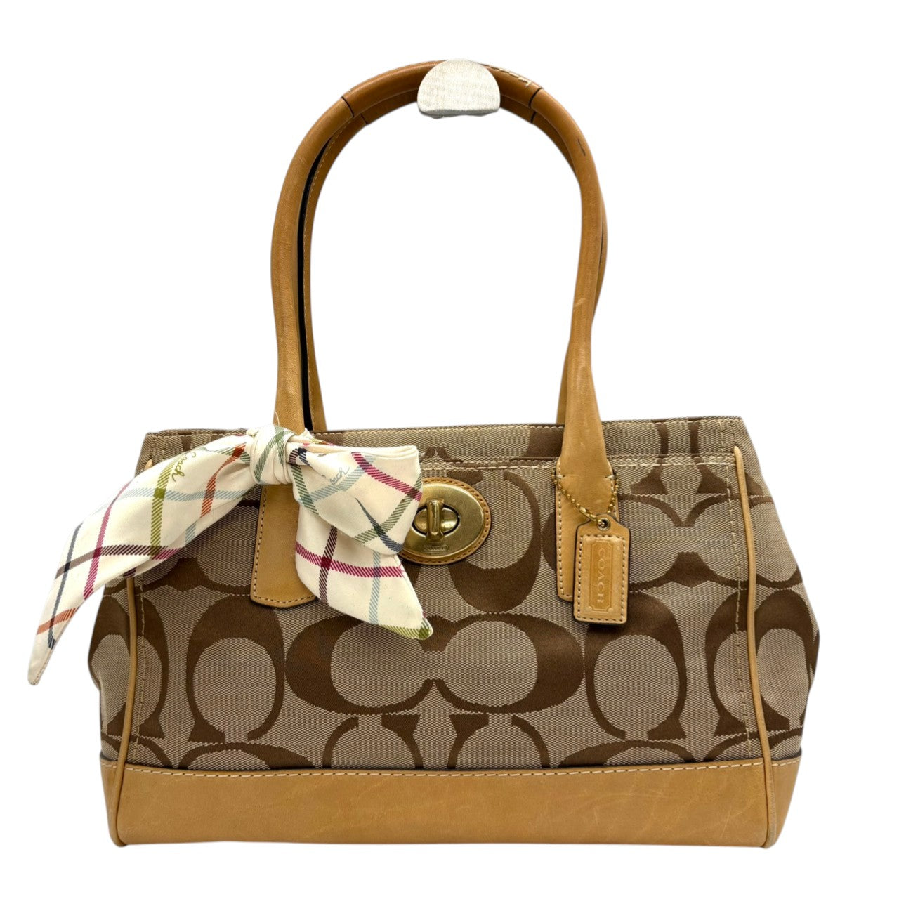 コーチ COACH ハンドバッグ トートバッグ シグネチャー キャンバス レザー 本革 ブラウン 茶色 ベージュ ゴールド金具 ワンショルダー 肩掛け 自立可 ターンロック スカーフチャーム 鞄 カバン レディース お出かけ 普段使い F12463 s20