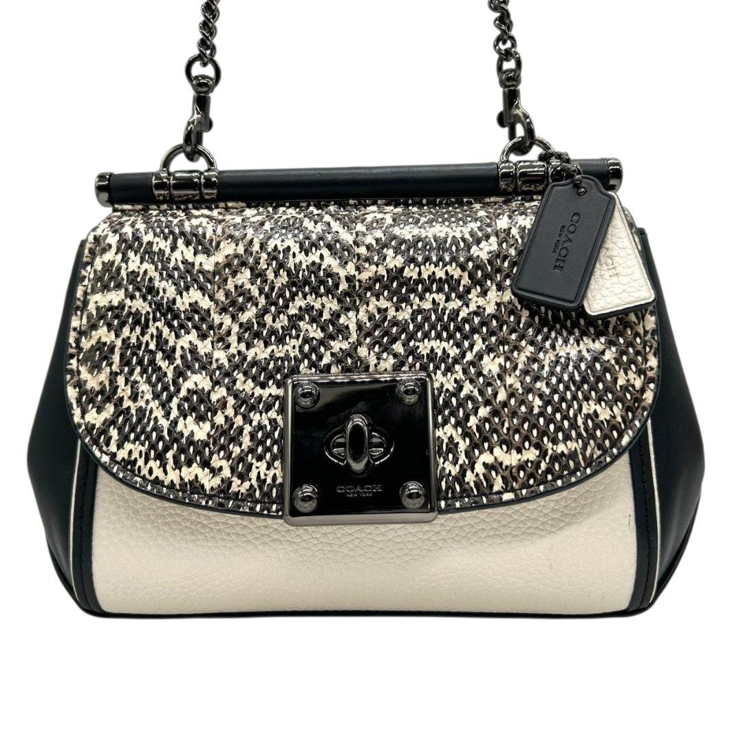 コーチ ショルダーバッグ 黒 ブラック 白 ホワイト 型押し フラップ チェーン ターンロック レザー 本革 斜め掛け可 自立可 チャーム付き ロゴプレート 本物保証 鑑定済 オシャレ COACH 59498 s67