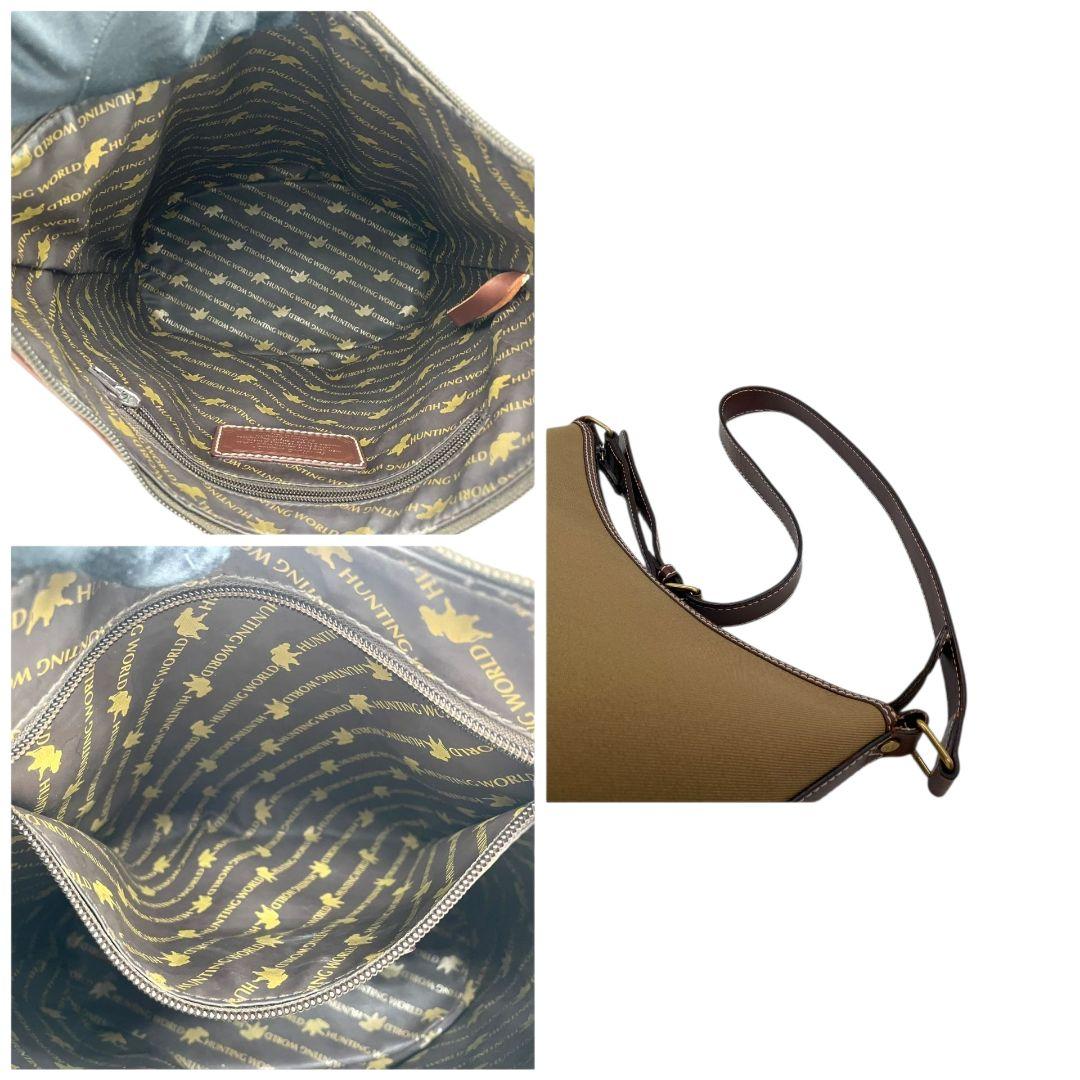 ハンティングワールド ショルダーバッグ カーキ ロゴ 斜め掛け可 キャンバス T1 HUNTING WORLD レザー 本革 ゴールド金具 ロゴプレート サファリトゥデイ クラシック