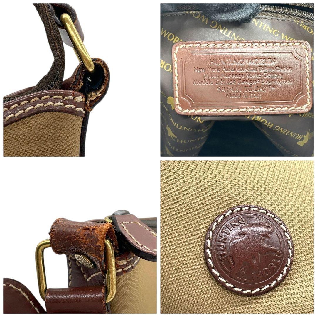 ハンティングワールド ショルダーバッグ カーキ ロゴ 斜め掛け可 キャンバス T1 HUNTING WORLD レザー 本革 ゴールド金具 ロゴプレート サファリトゥデイ クラシック