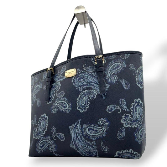マイケルコース　トートバッグ　紺　ペイズリー柄　ワンショルダー　レザー　T7　ハンドバッグ　MICHAEL KORS　A4収納　本革　肩掛け可　肩かけ可　ゴールド金具　ロゴプレート　ネイビー