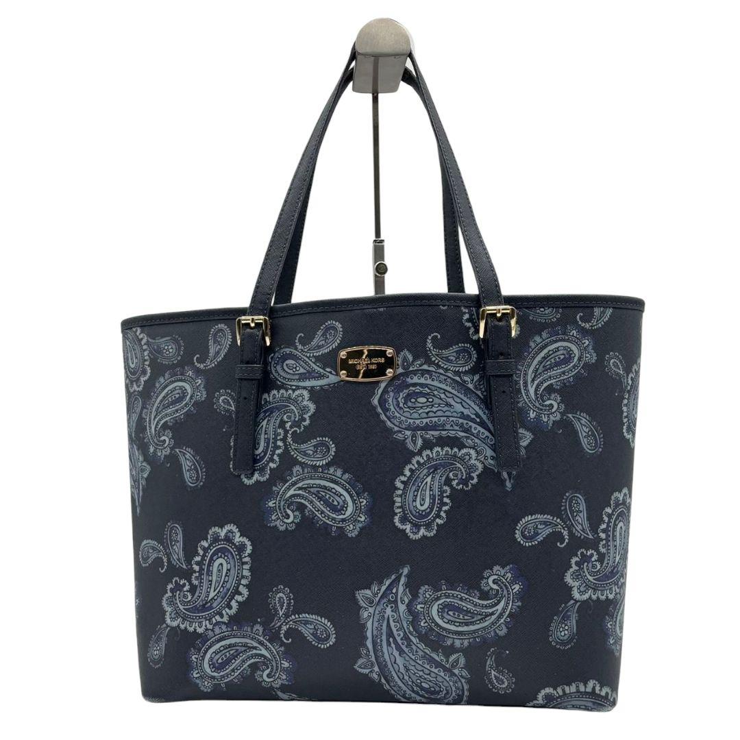 マイケルコース　トートバッグ　紺　ペイズリー柄　ワンショルダー　レザー　T7　ハンドバッグ　MICHAEL KORS　A4収納　本革　肩掛け可　肩かけ可　ゴールド金具　ロゴプレート　ネイビー