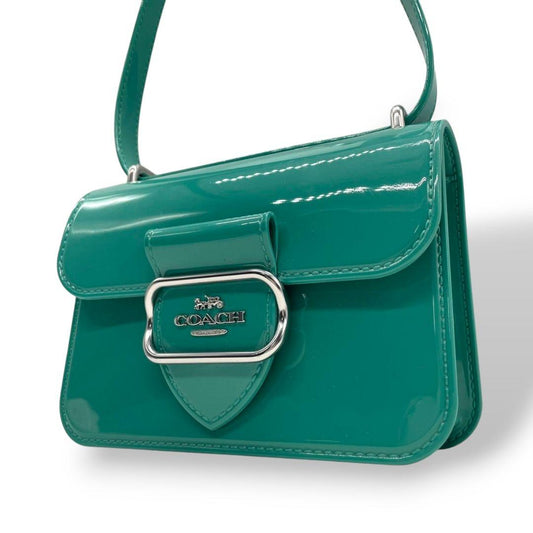 美品 コーチ ショルダーバッグ 緑 エメラルドグリーン パテントレザー エナメル フラップ ロゴチャーム 斜め掛け可 バンディット 自立可 シルバー金具 本物保証 鑑定済 COACH CR287 K