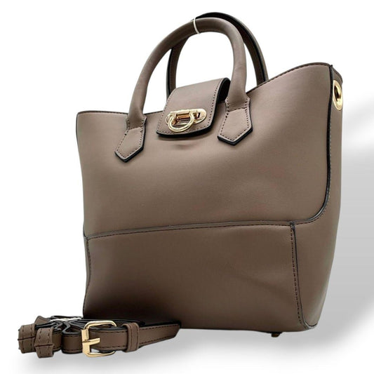 ノーブランド　ハンドバッグ　茶　フラップ　2way　レザー　s69　ショルダーバッグ　トートバッグ　斜め掛け可　本革　ゴールド金具　ターンロック　ブラウン