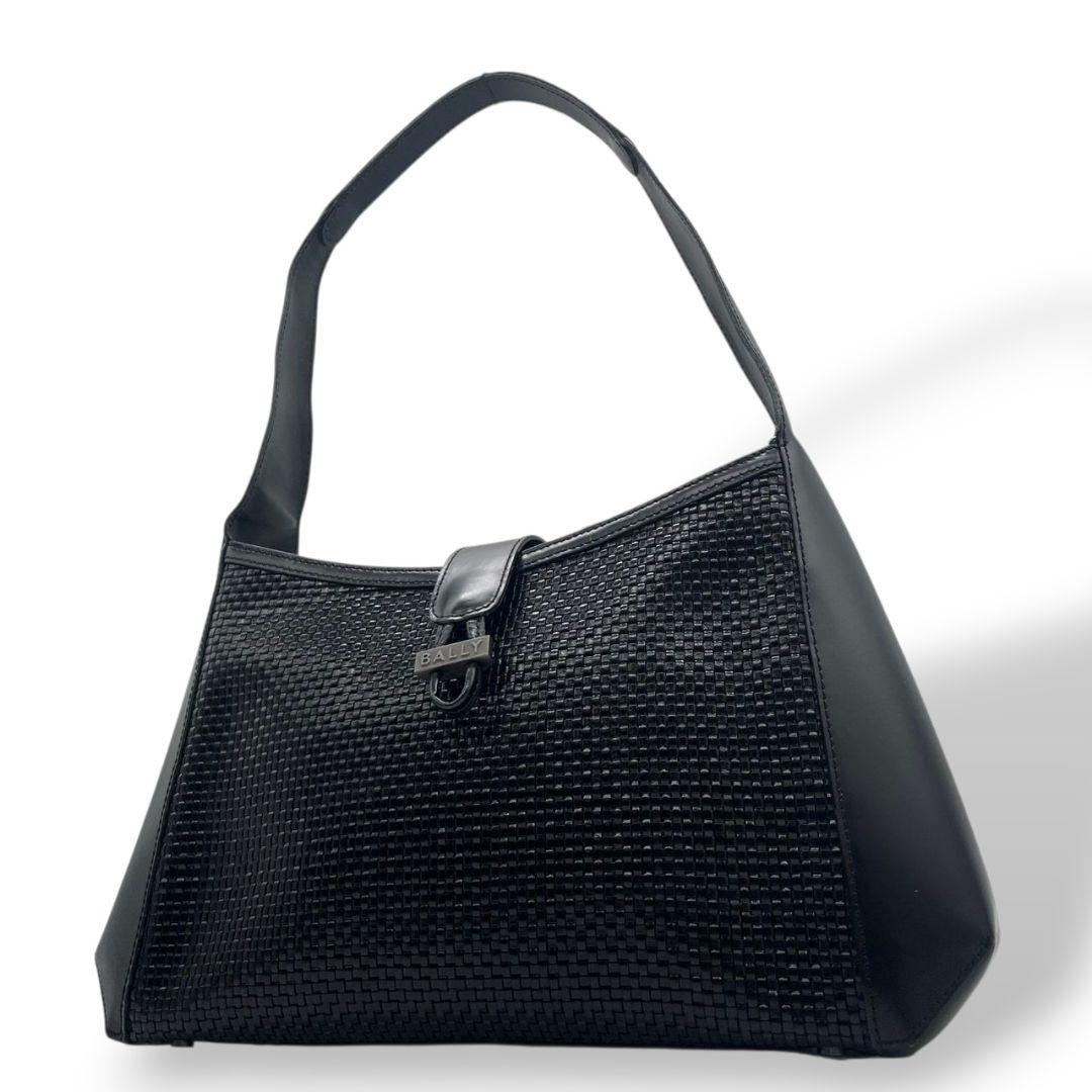 美品 BALLY バリー ハンドバッグ トート ワンショルダー イントレチャート レザー 本革 ブラック ロゴプレート シルバー金具 肩掛け可 F