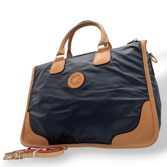 ハンティングワールド トートバッグ 紺 2way 斜め掛け可 ロゴ ナイロン レザー 本革 ボストンバッグ A4収納 ビジネスバッグ ショルダーバッグ ネイビー ゴールド金具 HUNTING WORLD s11