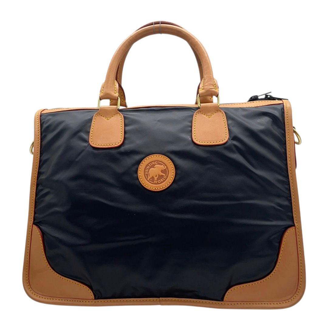 ハンティングワールド トートバッグ 紺 2way 斜め掛け可 ロゴ ナイロン レザー 本革 ボストンバッグ A4収納 ビジネスバッグ ショルダーバッグ ネイビー ゴールド金具 HUNTING WORLD s11