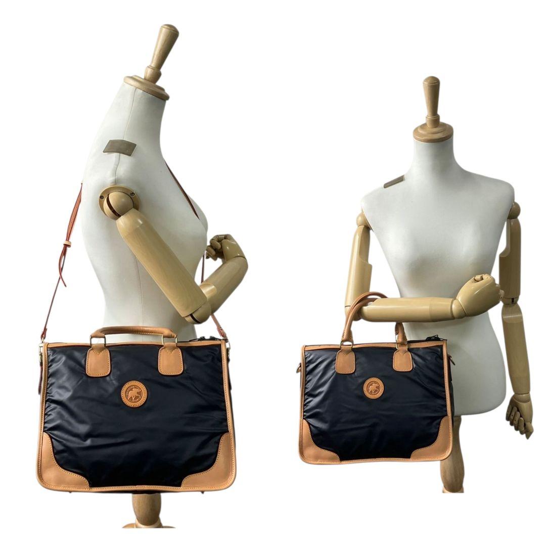 ハンティングワールド トートバッグ 紺 2way 斜め掛け可 ロゴ ナイロン レザー 本革 ボストンバッグ A4収納 ビジネスバッグ ショルダーバッグ ネイビー ゴールド金具 HUNTING WORLD s11