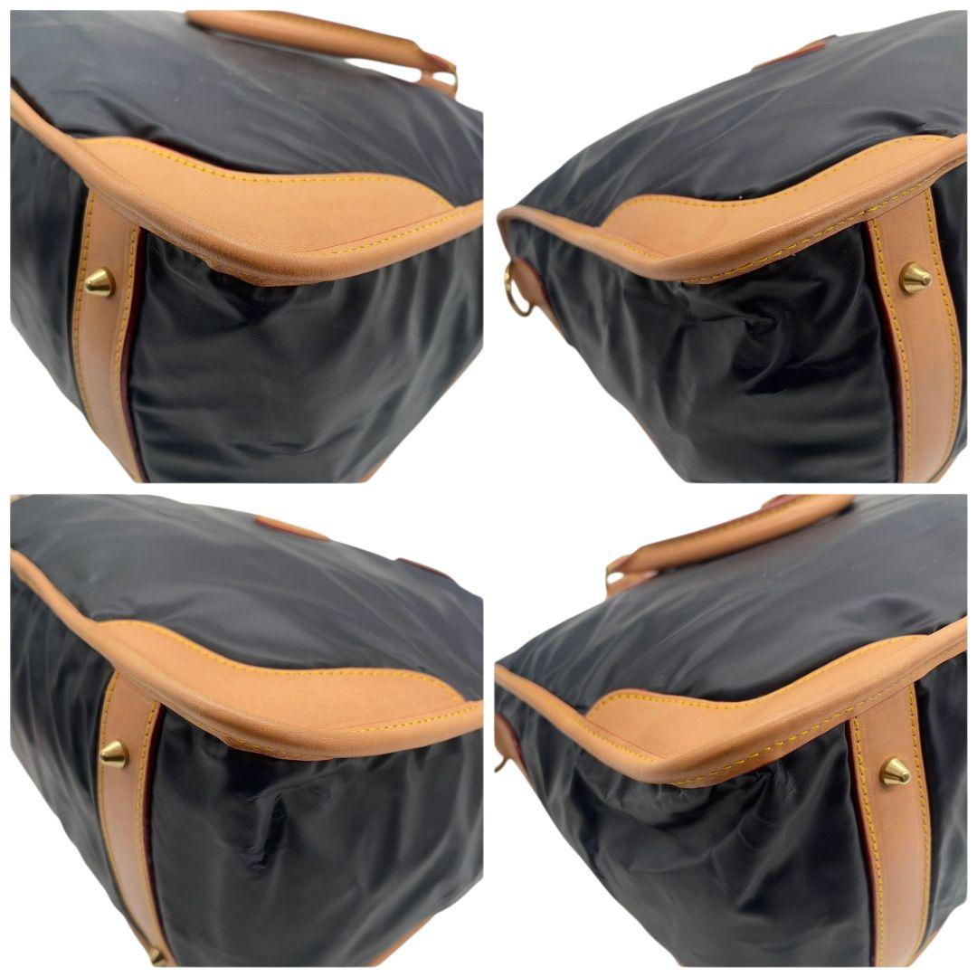 ハンティングワールド トートバッグ 紺 2way 斜め掛け可 ロゴ ナイロン レザー 本革 ボストンバッグ A4収納 ビジネスバッグ ショルダーバッグ ネイビー ゴールド金具 HUNTING WORLD s11