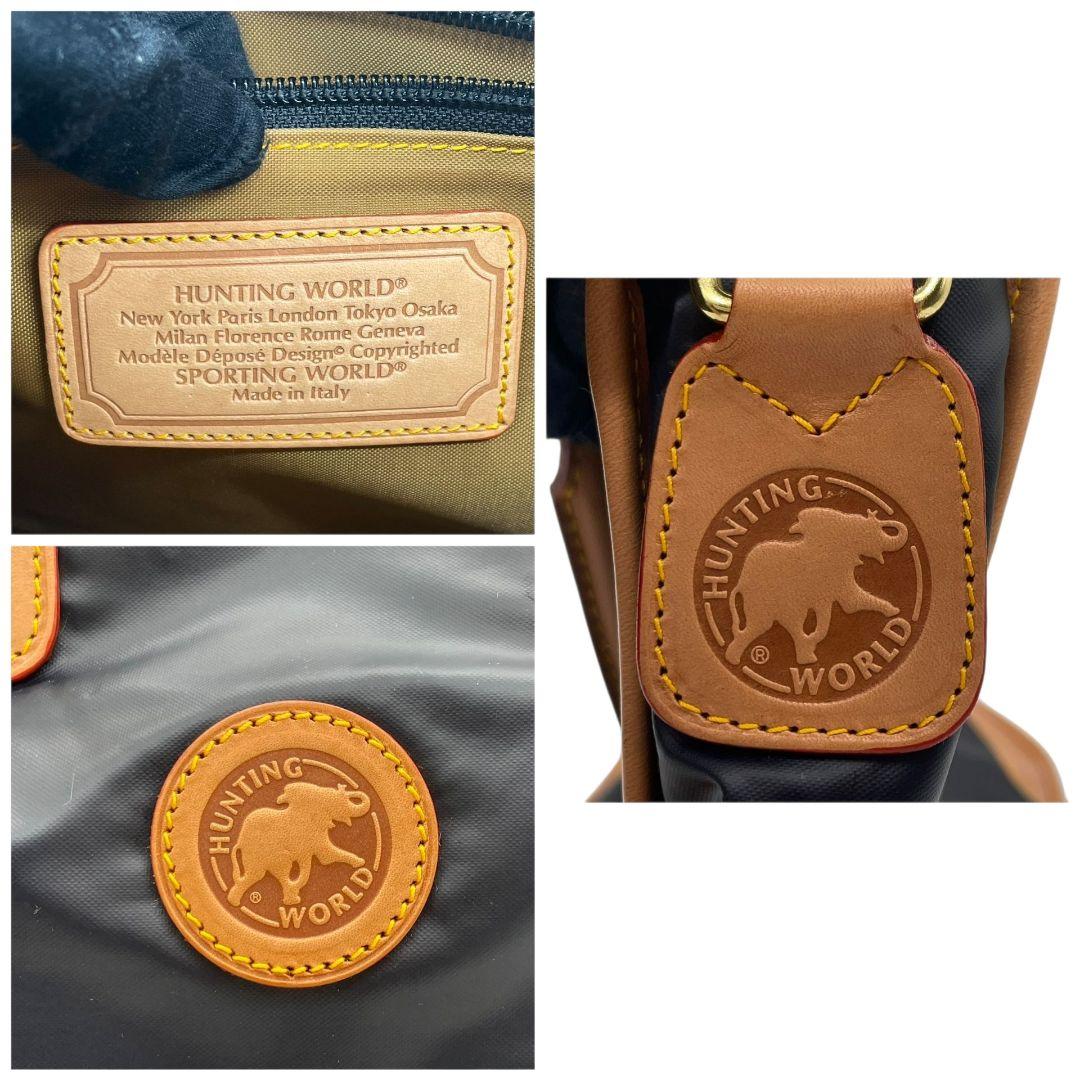 ハンティングワールド トートバッグ 紺 2way 斜め掛け可 ロゴ ナイロン レザー 本革 ボストンバッグ A4収納 ビジネスバッグ ショルダーバッグ ネイビー ゴールド金具 HUNTING WORLD s11