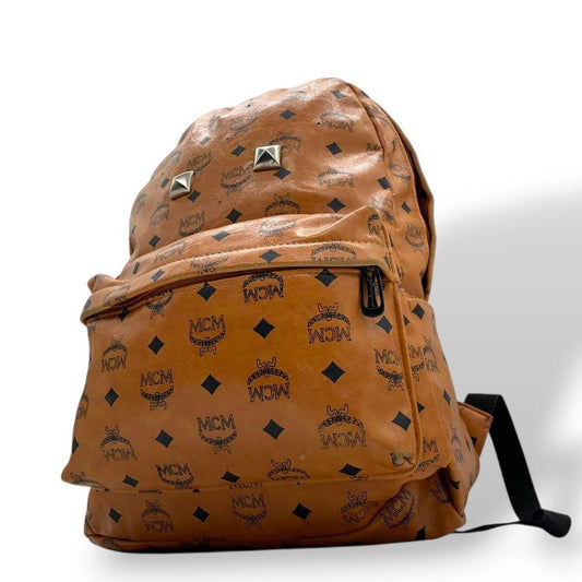 エムシーエム MCM バックパック ヴィセトス柄 茶 ブラウン A4収納 スタッズ レザー 本革 リュックサック T2