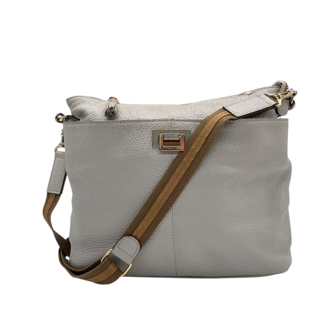 アタオ ATAO エルヴィ Elvy 2way ショルダーバッグ グレー レザー トートバッグ ハンドバッグ ロゴプレート 斜め掛け可 ゴールド金具 本革 T8