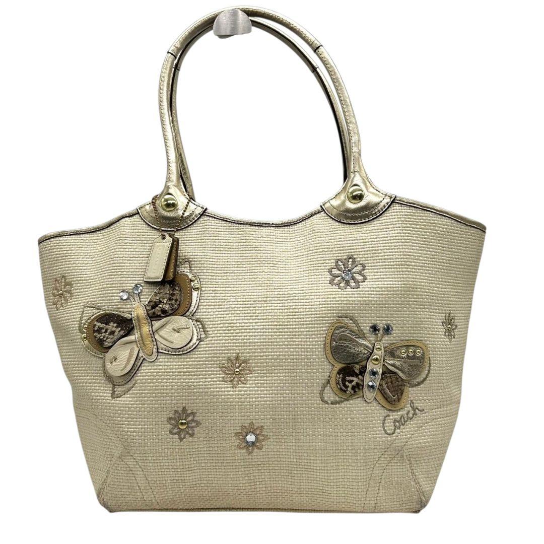 コーチ トートバッグ 白 ホワイト かごバッグ バタフライ 蝶 ストロー レザー A4収納 肩掛け可 ワンショルダー ゴールド金具 ロゴタグ チャーム スタッズ F16586 COACH
