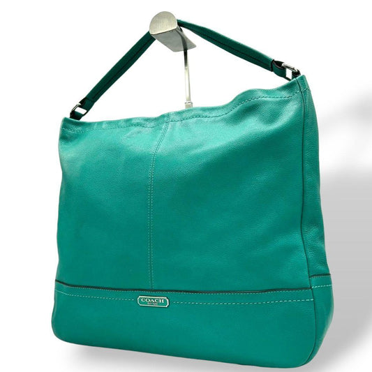コーチ ハンドバッグ 緑 A4収納 自立可 ロゴプレート レザー トートバッグ 本革 グリーン シルバー金具 F28293
