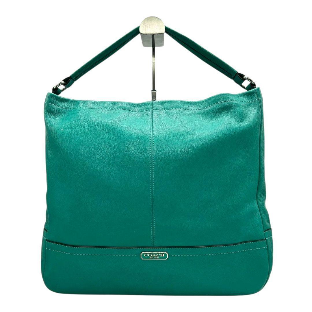 コーチ ハンドバッグ 緑 A4収納 自立可 ロゴプレート レザー トートバッグ 本革 グリーン シルバー金具 F28293