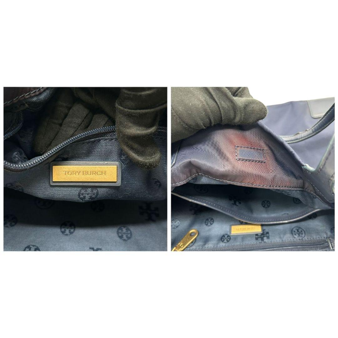 トリーバーチ トートバッグ 紺 デカロゴ A4収納 ワンショルダー T8 ハンドバッグ 肩掛け可 肩かけ可 ネイビー レザー 本革 ナイロン ロゴプレート TORY BURCH